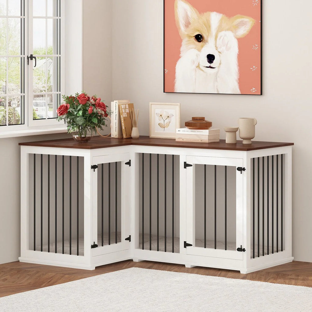 Meuble Grande Cage d'Angle pour 2 Chiens, Cage en Forme de L - 58,7X41,1