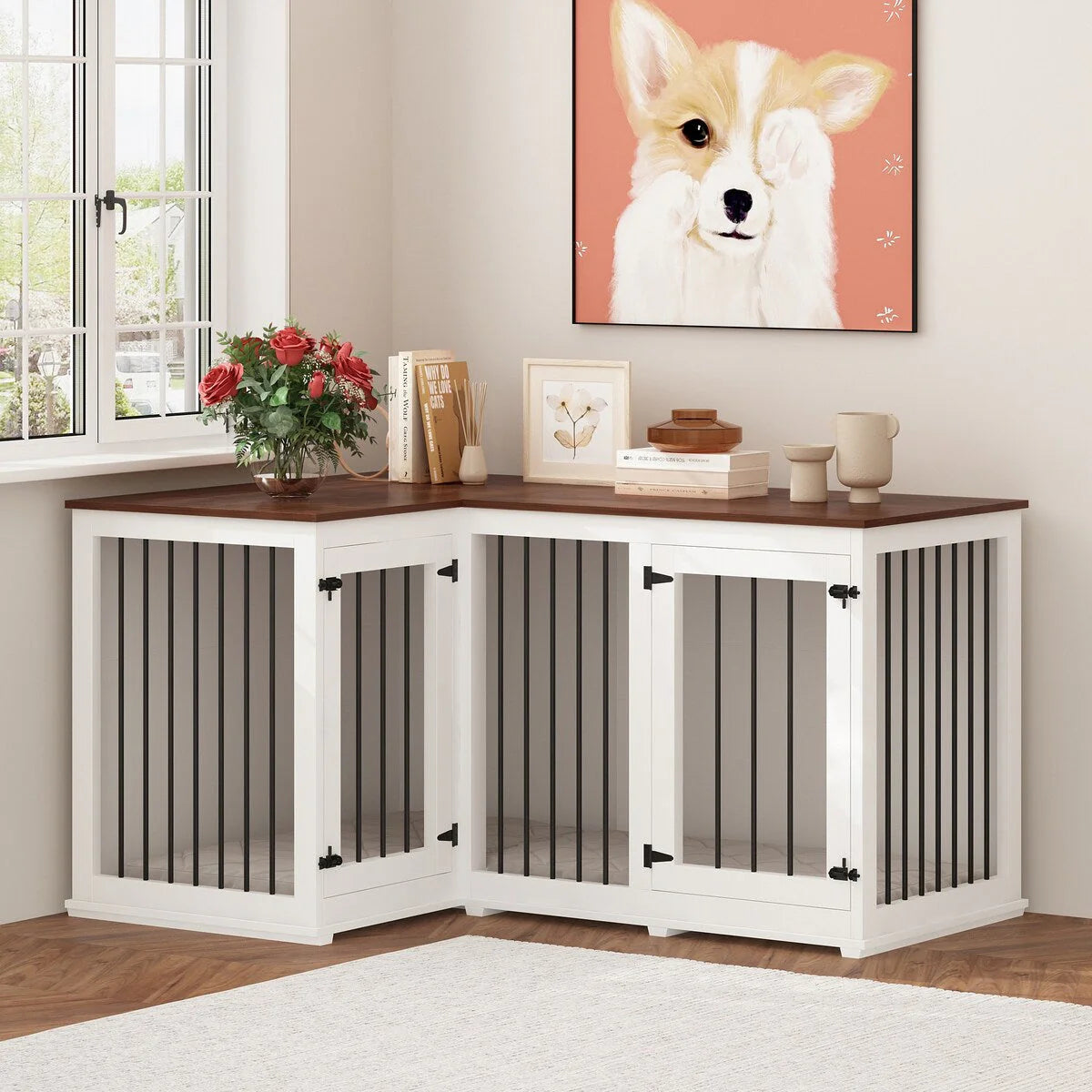 Meuble Grande Cage d'Angle pour 2 Chiens, Cage en Forme de L - 58,7X41,1