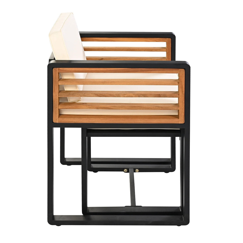 Ensemble de salle à manger de patio en bois d'acacia de 18 pièces, 8 chaises coussinées et 8 poufs et 2 tables carrées